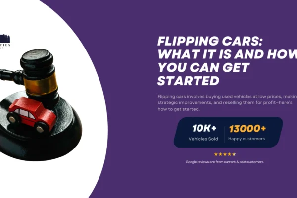 A featured image for Twin Cities Auctions depicting a gavel resting on a black platform with a small red toy car, advertising 'Flipping Cars: What It Is and How You Can Get Started.' The banner also includes the text '10K+ Vehicles Sold' and '13000+ Happy Customers' with a five-star rating, explaining the process of buying, improving, and reselling cars for profit.