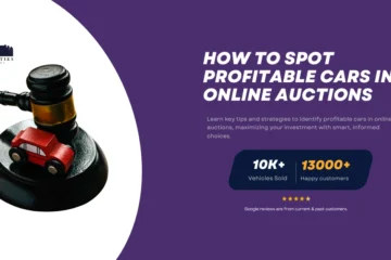 A featured image for Twin Cities Auctions featuring a gavel with a red toy car on a black base. The banner reads 'How to Spot Profitable Cars in Online Auctions' and offers tips for identifying lucrative vehicles. It also showcases stats '10K+ Vehicles Sold' and '13000+ Happy Customers' with a five-star Google review rating.