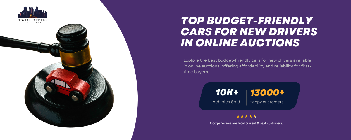 A gavel next to a small red toy car on a purple background with text reading "Top Budget-Friendly Cars for New Drivers in Online Auctions" and company statistics: "10K+ Vehicles Sold" and "13,000+ Happy Customers."