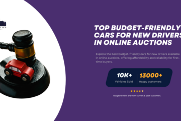 A gavel next to a small red toy car on a purple background with text reading "Top Budget-Friendly Cars for New Drivers in Online Auctions" and company statistics: "10K+ Vehicles Sold" and "13,000+ Happy Customers."