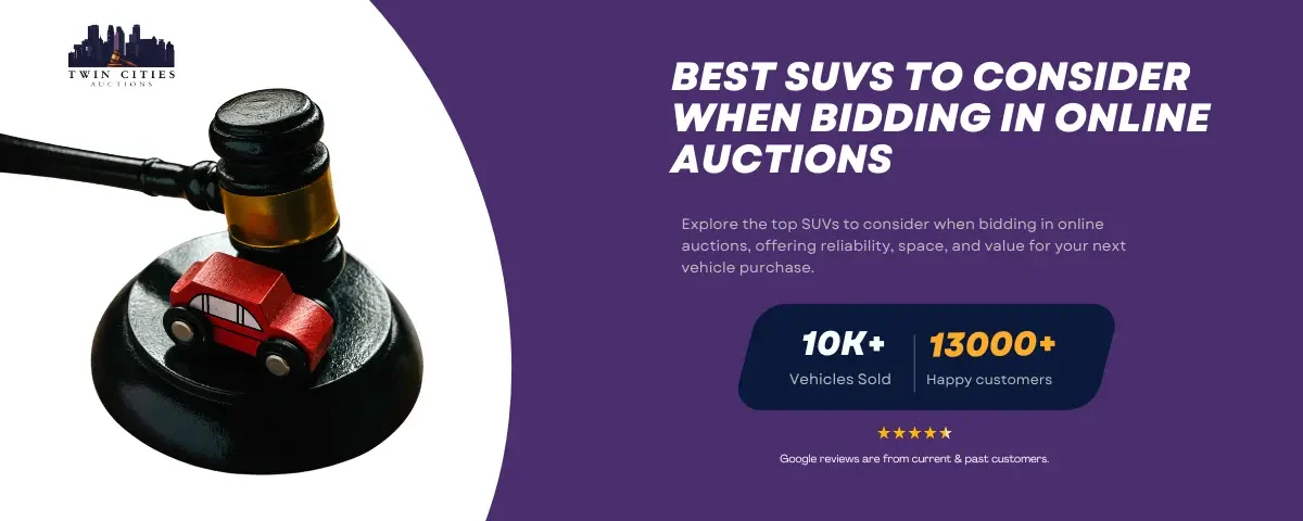 A gavel next to a small red toy car on a purple background with text that reads "Best SUVs to Consider When Bidding in Online Auctions" along with company stats: "10K+ Vehicles Sold" and "13,000+ Happy Customers."