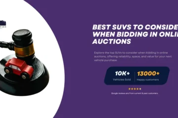 A gavel next to a small red toy car on a purple background with text that reads "Best SUVs to Consider When Bidding in Online Auctions" along with company stats: "10K+ Vehicles Sold" and "13,000+ Happy Customers."