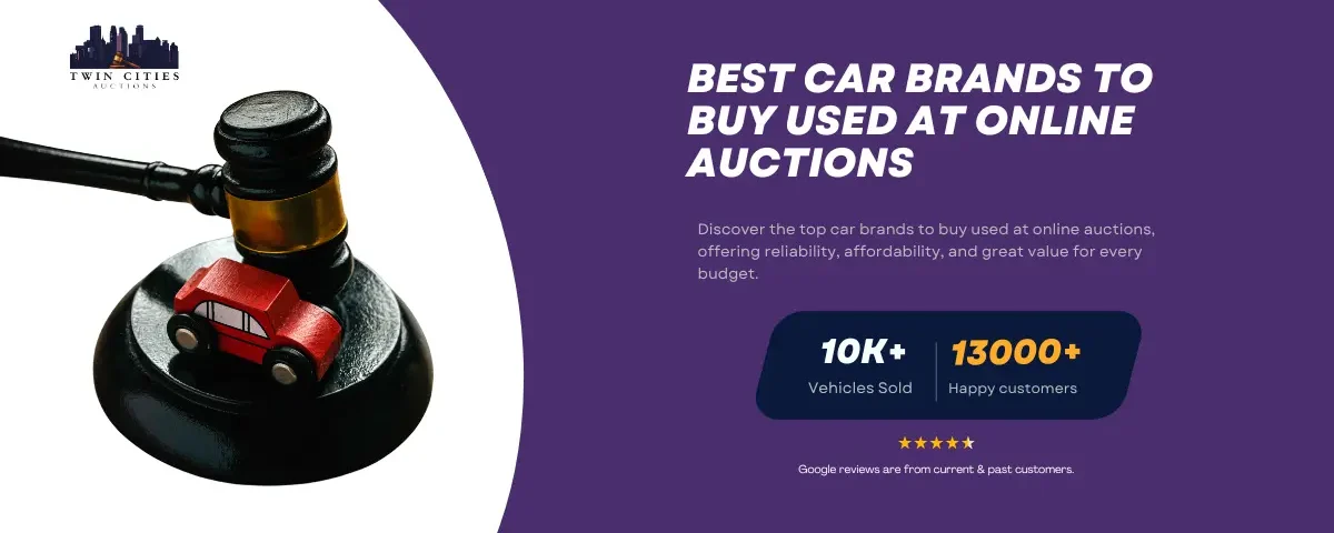 A gavel next to a small red toy car on a purple background with text reading "Best Car Brands to Buy Used at Online Auctions" along with stats: "10K+ Vehicles Sold" and "13,000+ Happy Customers."