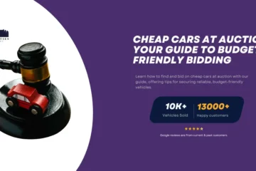 A gavel next to a small red toy car on a purple background with text reading "Cheap Cars at Auction: Your Guide to Budget-Friendly Bidding" and stats: "10K+ Vehicles Sold" and "13,000+ Happy Customers."