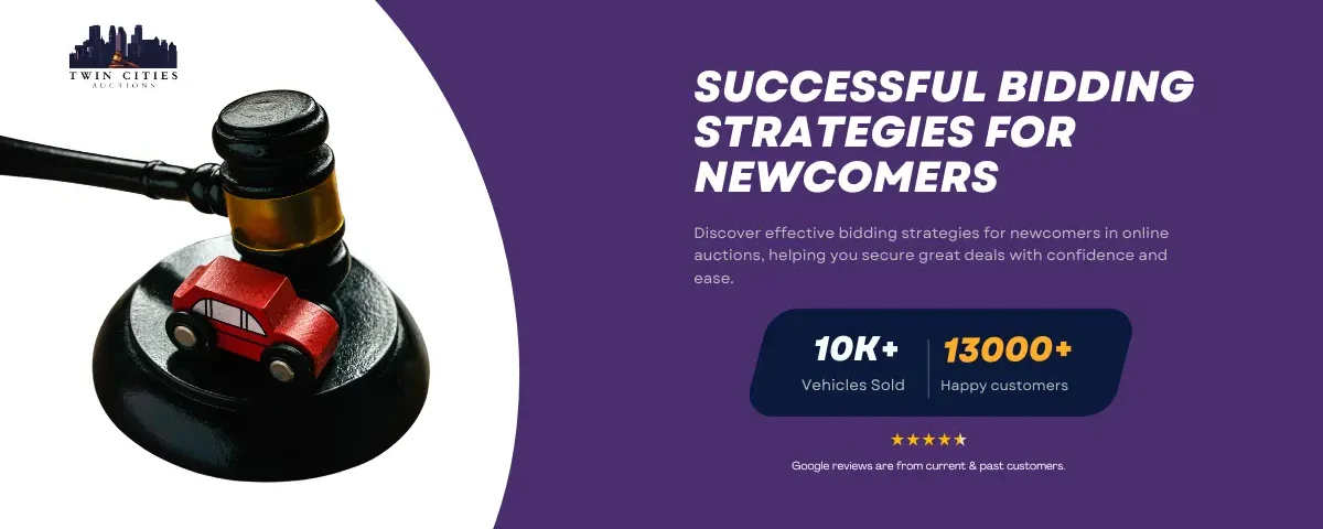 A gavel next to a small red toy car on a purple background with text reading "Successful Bidding Strategies for Newcomers" and stats: "10K+ Vehicles Sold" and "13,000+ Happy Customers."