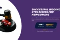 A gavel next to a small red toy car on a purple background with text reading "Successful Bidding Strategies for Newcomers" and stats: "10K+ Vehicles Sold" and "13,000+ Happy Customers."