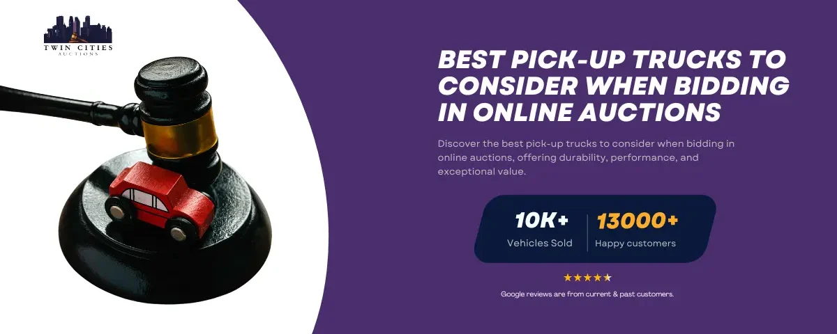 A gavel next to a small red toy car on a purple background with text reading "Best Pick-Up Trucks to Consider When Bidding in Online Auctions" and stats: "10K+ Vehicles Sold" and "13,000+ Happy Customers."