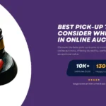 A gavel next to a small red toy car on a purple background with text reading "Best Pick-Up Trucks to Consider When Bidding in Online Auctions" and stats: "10K+ Vehicles Sold" and "13,000+ Happy Customers."