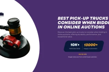 A gavel next to a small red toy car on a purple background with text reading "Best Pick-Up Trucks to Consider When Bidding in Online Auctions" and stats: "10K+ Vehicles Sold" and "13,000+ Happy Customers."