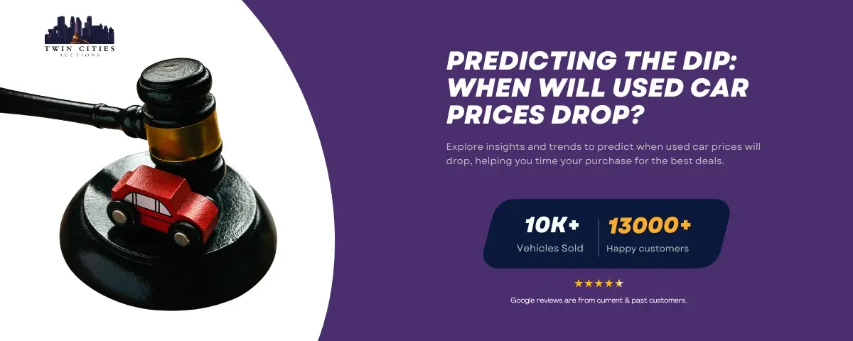 A gavel next to a small red toy car on a purple background with text reading "Predicting the Dip: When Will Used Car Prices Drop?" and stats: "10K+ Vehicles Sold" and "13,000+ Happy Customers."