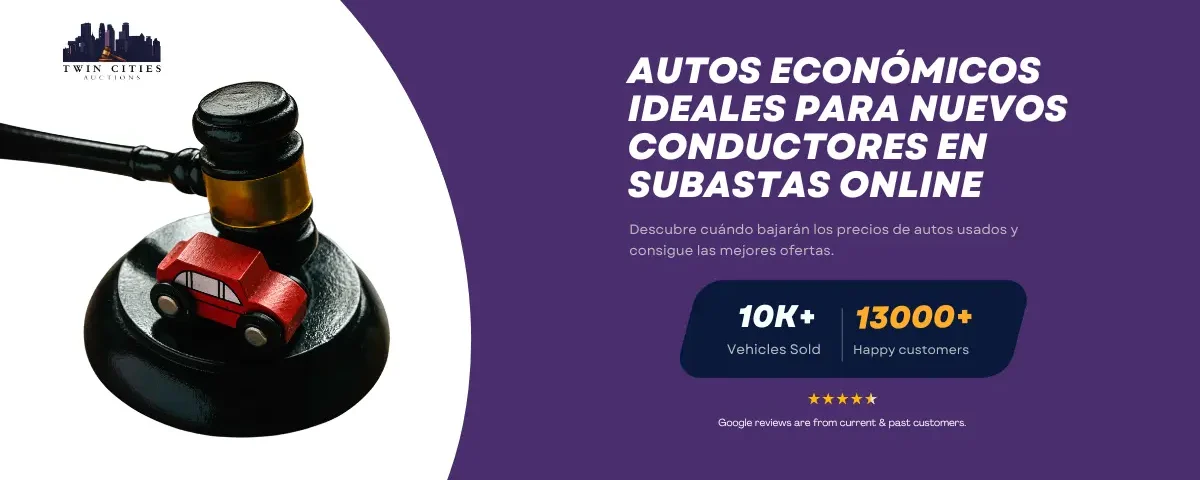 Imagen destacada de Twin Cities Auctions mostrando un martillo con un auto de juguete rojo y texto promocional sobre autos económicos en subastas en línea.