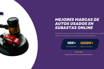 Imagen de Twin Cities Auctions con un martillo y un auto de juguete rojo, destacando las mejores marcas de autos usados en subastas online.