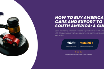 A gavel resting on a toy car, symbolizing car auctions, with text that reads "How to Buy American Cars and Export to South America: A Guide" and Twin Cities Auctions branding.