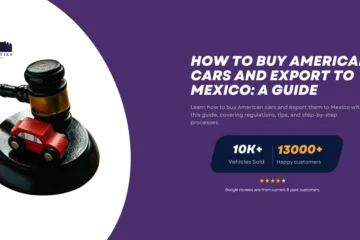 A gavel resting on a toy car, symbolizing car auctions, with text reading "How to Buy American Cars and Export to Mexico: A Guide" and Twin Cities Auctions branding.