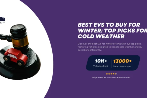 A gavel resting on a toy car, symbolizing car auctions, with text reading "Best EVs to Buy for Winter: Top Picks for Cold Weather" and Twin Cities Auctions branding.