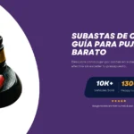 A gavel and a red toy car on a black base with text "Subastas de Coches: Guía para Pujar Barato" and stats on vehicles sold and happy customers.