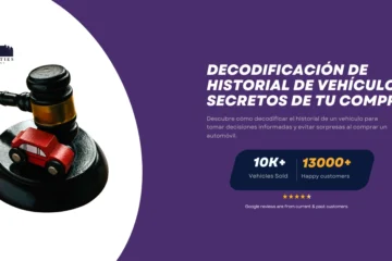 Imagen destacada de Twin Cities Auctions con un martillo de subasta y un coche de juguete, acompañada de información sobre la decodificación del historial de vehículos para tomar decisiones informadas al comprar un automóvil.