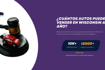 Un mazo de juez con un pequeño auto rojo de juguete, simbolizando regulaciones sobre la venta de autos en Wisconsin. Logo de Twin Cities Auctions.