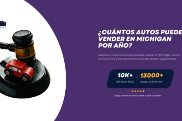 Un mazo de juez con un pequeño auto rojo de juguete, simbolizando regulaciones sobre la venta de autos en Michigan. Logo de Twin Cities Auctions.