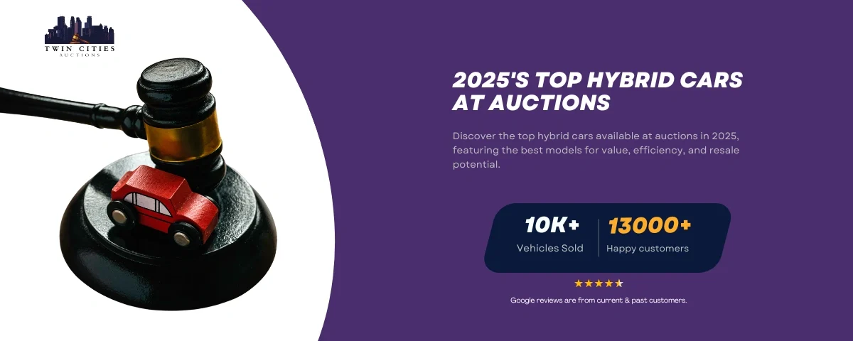 A judge's gavel with a small red toy car on the base, symbolizing vehicle auctions, alongside text about the top hybrid cars available at auctions in 2025.