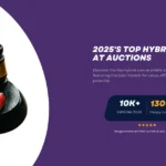 A judge's gavel with a small red toy car on the base, symbolizing vehicle auctions, alongside text about the top hybrid cars available at auctions in 2025.