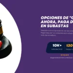 Martillo de subasta con un pequeño automóvil rojo sobre una base negra, junto al texto sobre opciones de "Compra Ahora, Paga Después" en subastas.