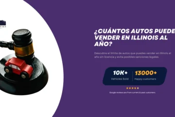 Un mazo de juez con un pequeño auto rojo de juguete, representando regulaciones sobre la venta de autos en Illinois. Logo de Twin Cities Auctions.