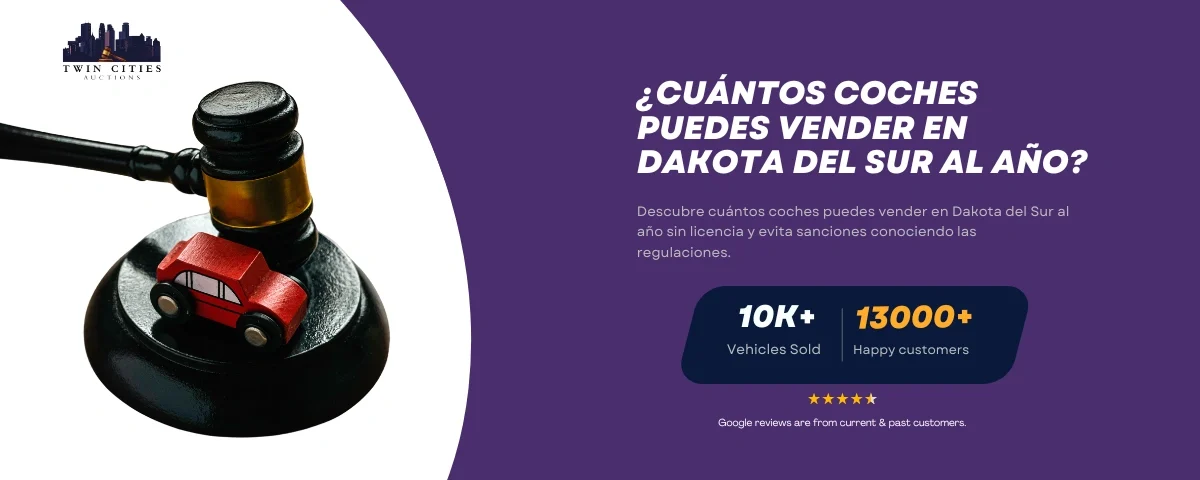 Un mazo de juez con un pequeño coche rojo de juguete, representando regulaciones sobre la venta de coches en Dakota del Sur. Logo de Twin Cities Auctions.