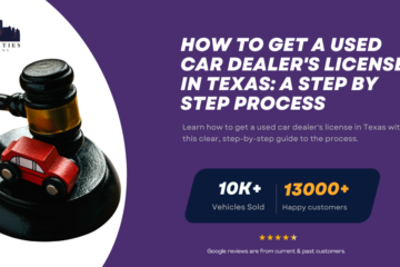 Gavel with toy car on base symbolizing auto auctions, alongside text about getting a used car dealer's license in Texas.