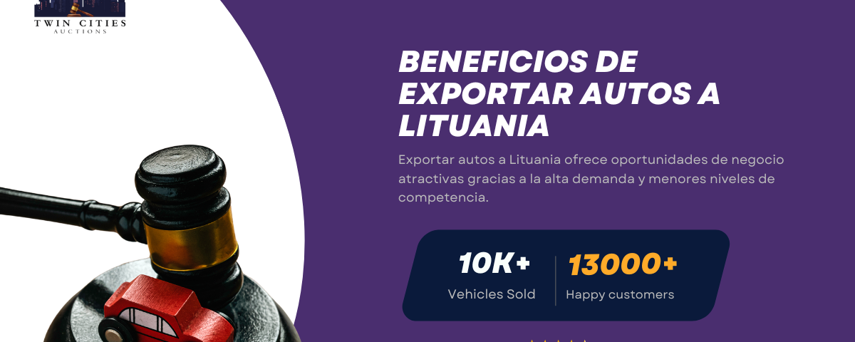 Mazo con auto de juguete junto a texto sobre beneficios de exportar autos a Lituania.