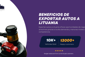 Mazo con auto de juguete junto a texto sobre beneficios de exportar autos a Lituania.