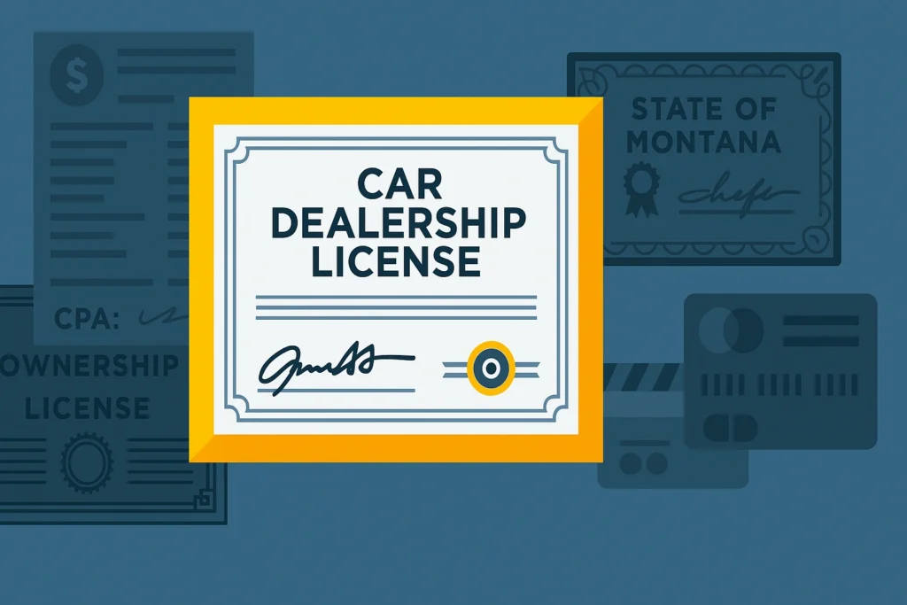 Ilustración de un certificado de licencia de concesionario de autos con documentos de fondo que hacen referencia al estado de Montana