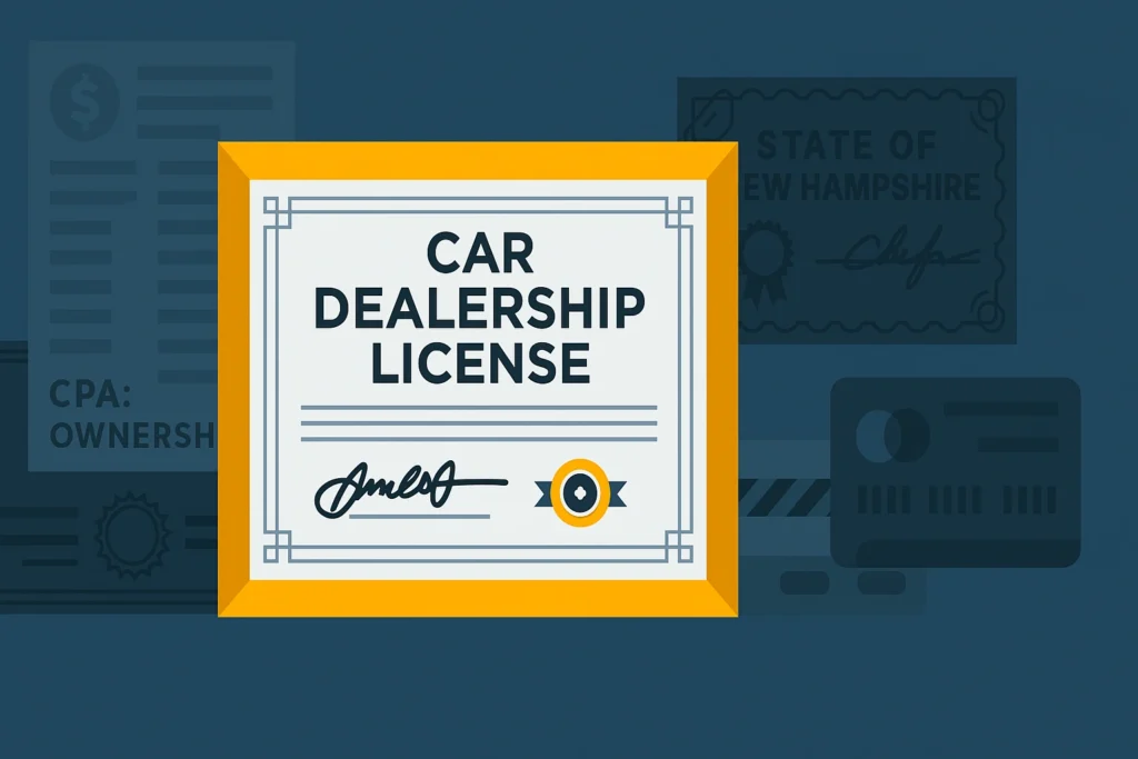 Ilustración de un certificado de licencia de concesionario de autos con documentos de fondo que hacen referencia al estado de New Hampshire
