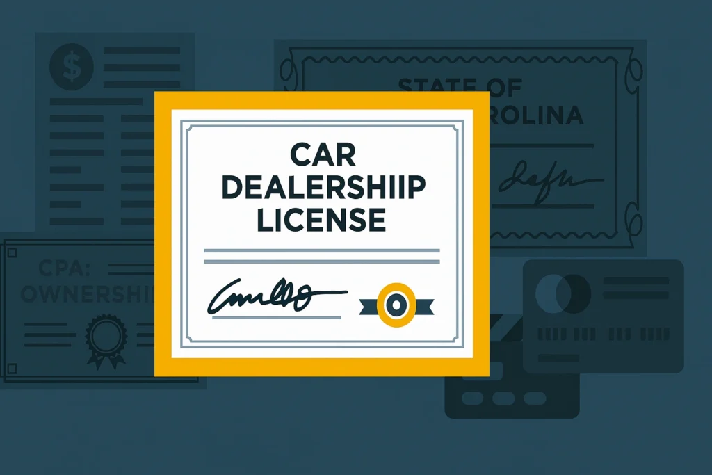 Ilustración de un certificado de licencia de concesionario de autos con documentos de fondo que hacen referencia al estado de North Carolina.