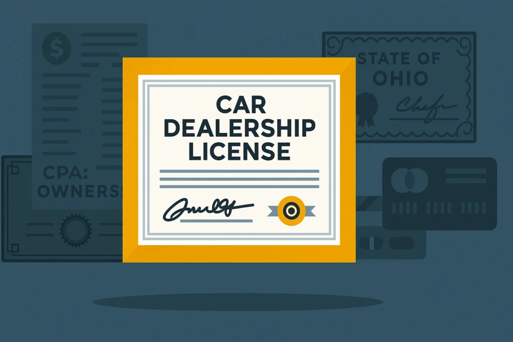 Ilustración de un certificado de licencia de concesionario de autos con documentos de fondo que hacen referencia al estado de Ohio.