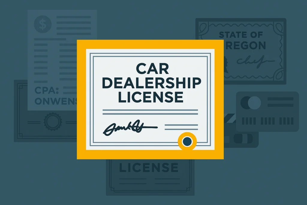 Ilustración de un certificado de licencia de concesionario de autos con documentos de fondo que hacen referencia al estado de Oregon.