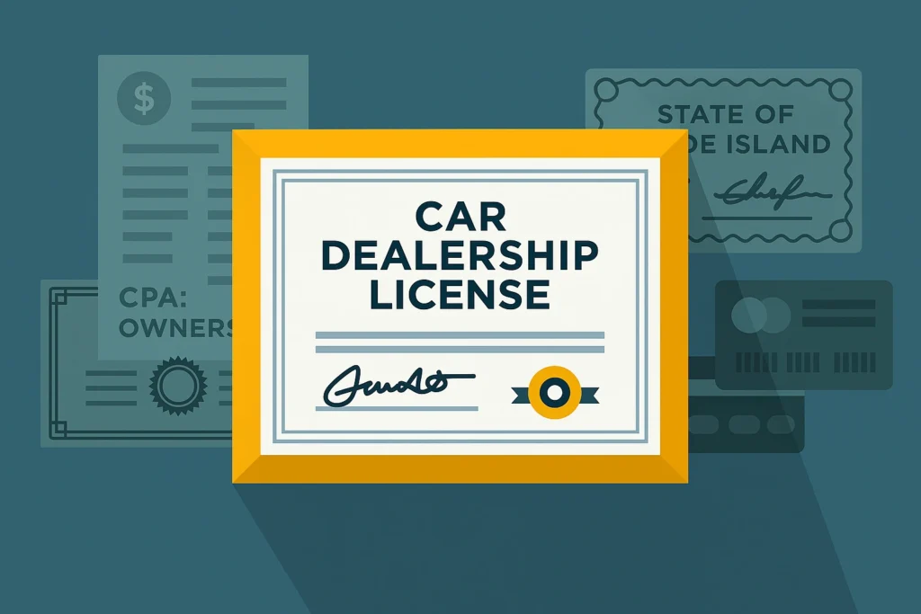 Ilustración de un certificado de licencia de concesionario de autos con documentos de fondo que hacen referencia al estado de Rhode Island.