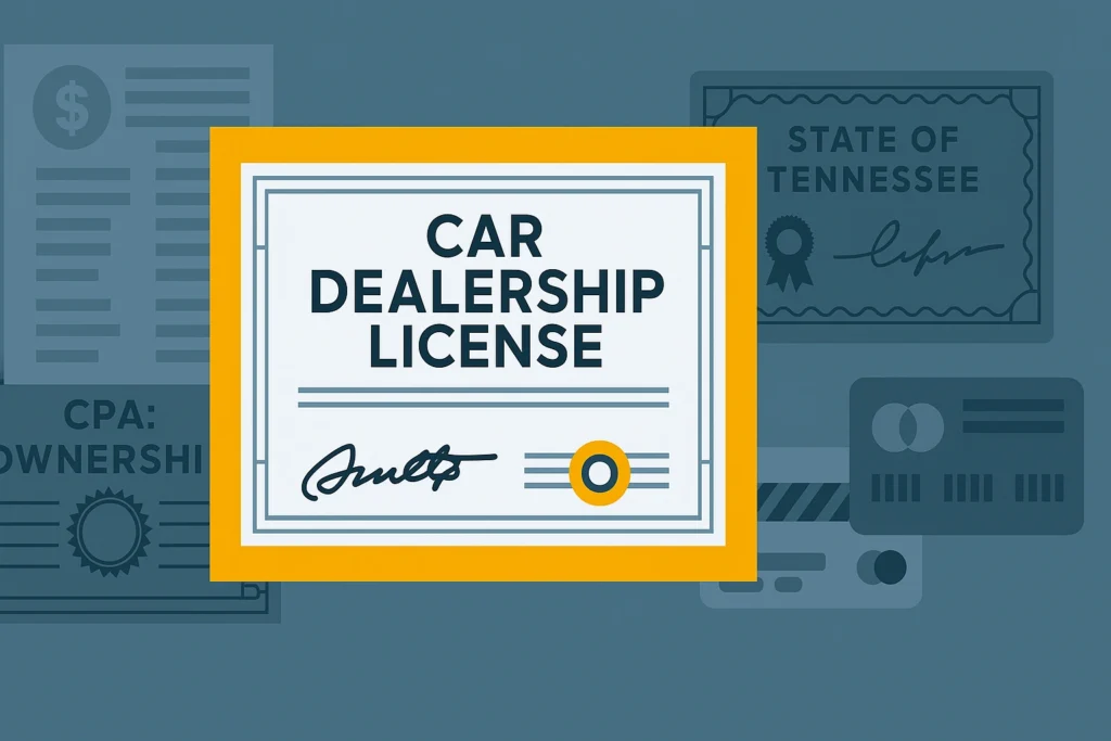 Ilustración de un certificado de licencia de concesionario de autos con documentos de fondo que hacen referencia al estado de Tennessee.