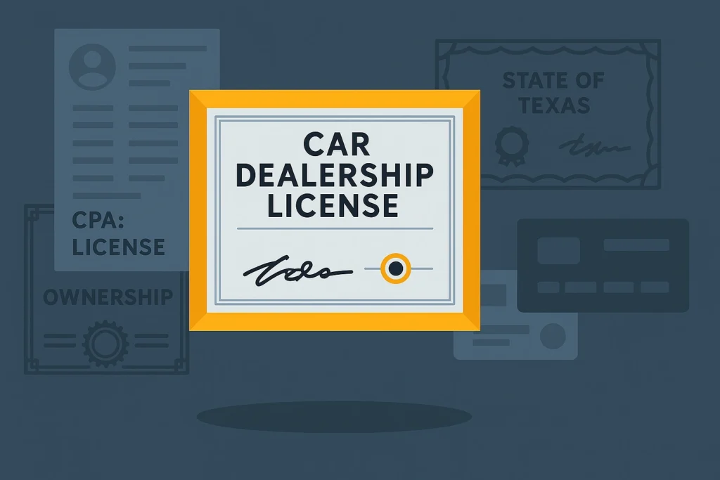 Ilustración de un certificado de licencia de concesionario de autos con documentos de fondo que hacen referencia al estado de Texas.